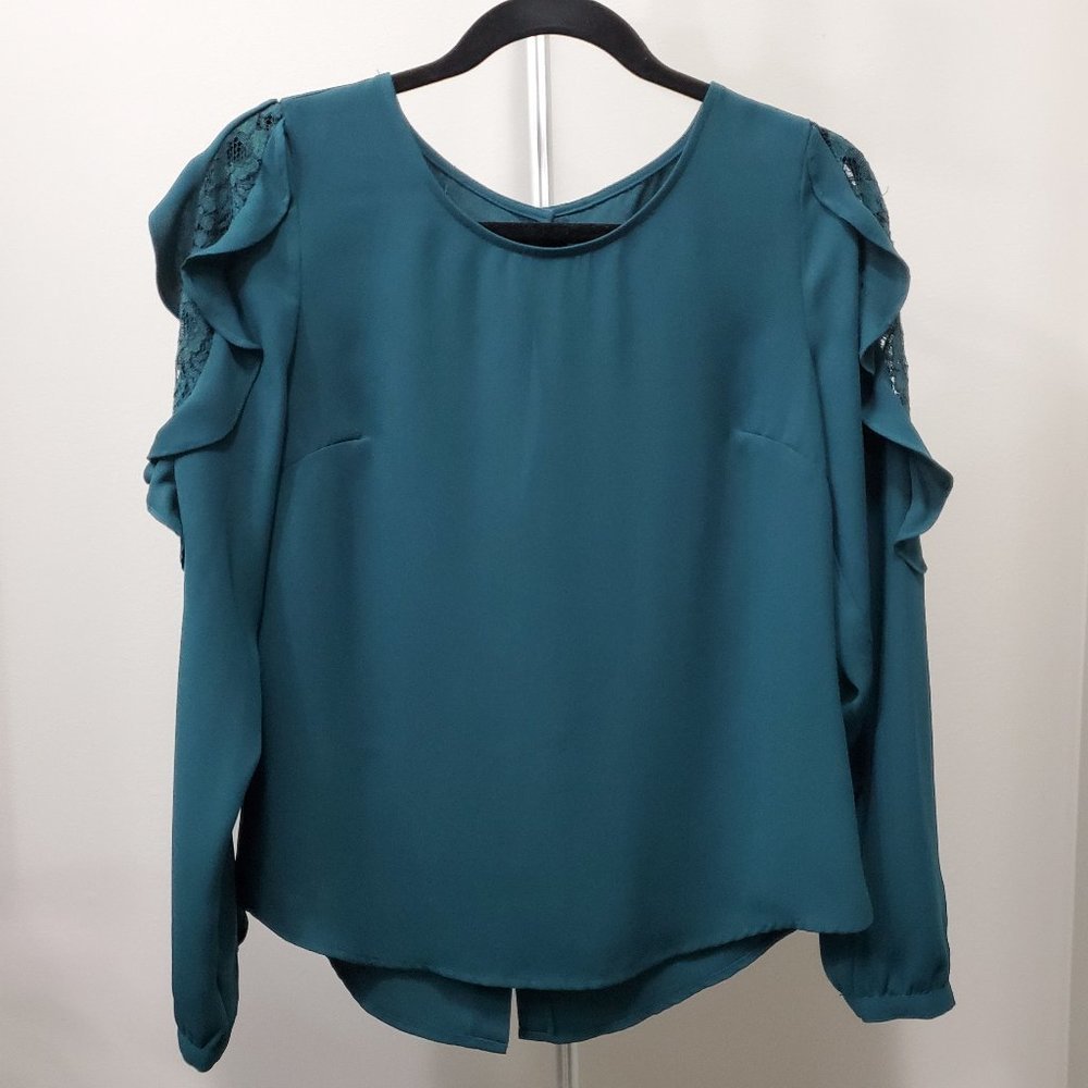Maurices Teal Long Fluttery Lace Panel Sleeve Blouse With Back Button Closure
